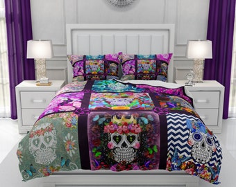 Sugar Skull  Bedding, Comforter , Duvet Cover, Day Of The Dead, Twin, Full, Queen King, Sugar Skulls Quilt Design