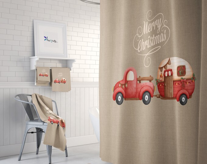 Christmas Shower Curtain Optional Set and Options Vintage Camper Red Truck