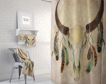 Boho Chic Bull Skull  Shower Curtain Optional Bath  Mat, Bath Towels , Bathroom Set Beige Watercolor