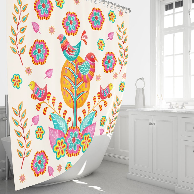 Pretty Bird Shower Curtain Colorful Folk Art Bathroom Decor Etsy