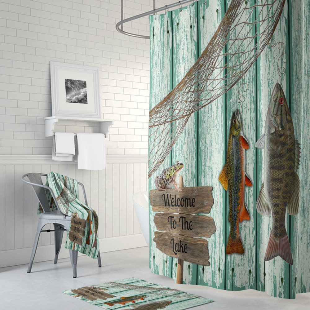 Shower Curtain Fishing Grunge Primitive Weathered Wood Lake House Cabin  Rustic Lodge, Optional Bath Mat, Bath Towels 