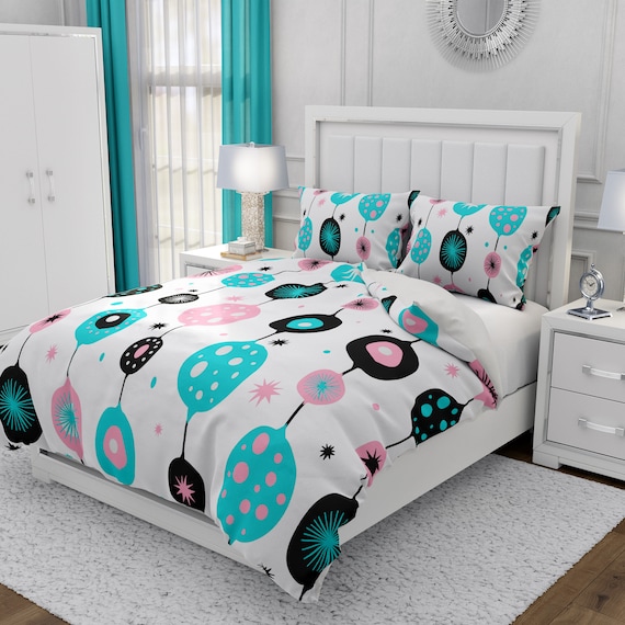 Pink Retro Atomic Comforter Mid Century Modern Bedding Twin Full