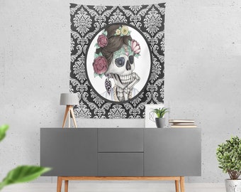 Sugar Skull Skeleton Wall Tapestry Black and White Damask "Cameo Annie"