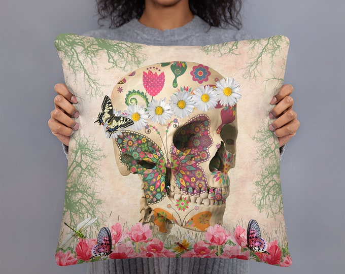 Sugar Skull Throw Pillow -Boho Floral- Accent Pillows -Skulls-Day of The Dead