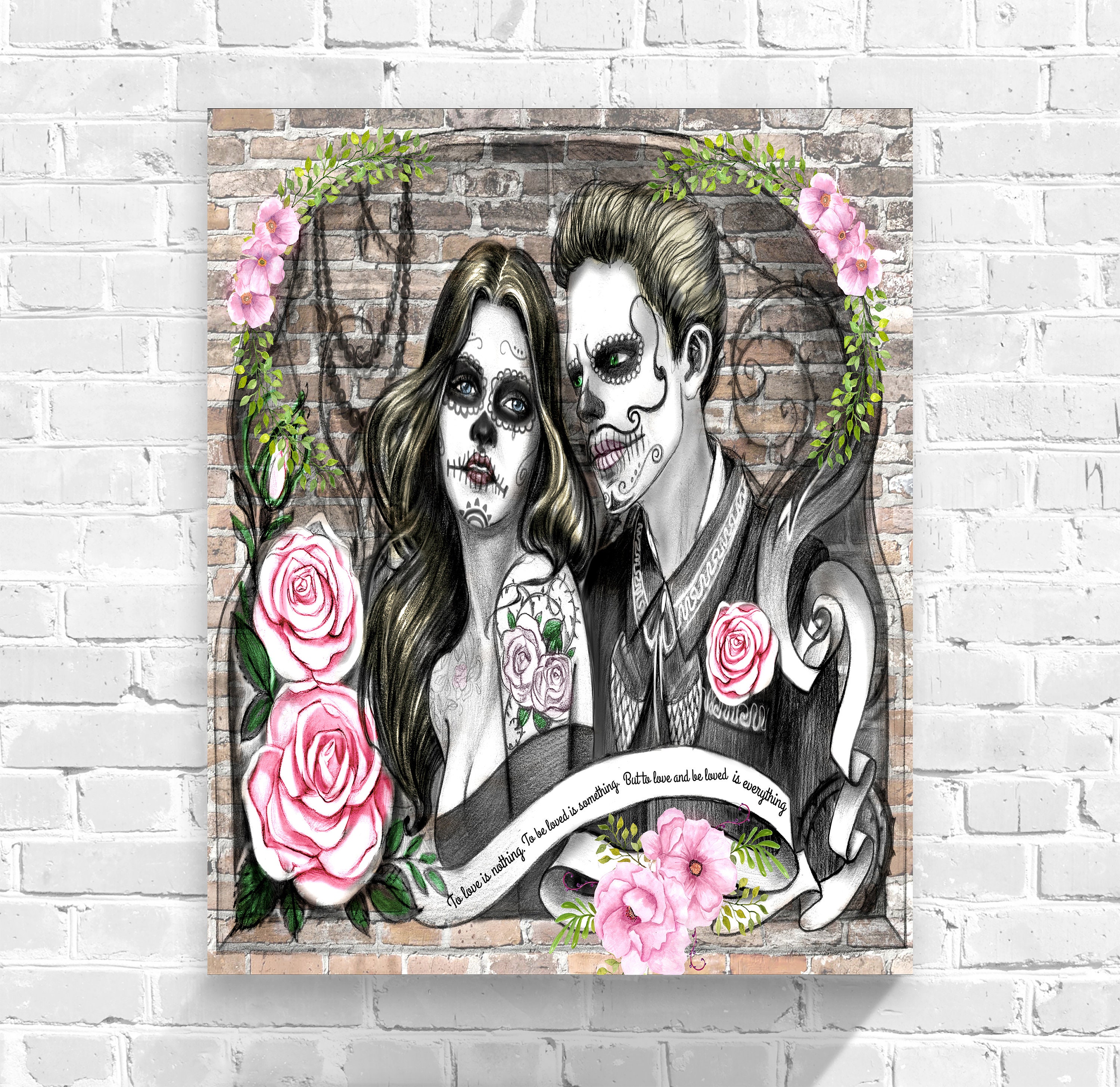 Sugar Skull Canvas Wrap Wall Art Love Is Couple Day Of The Dead