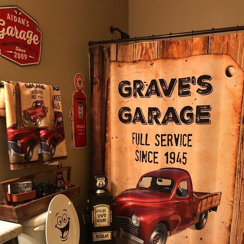 Personalized Vintage Red Truck Shower Curtain Bath Mat Image 0 1