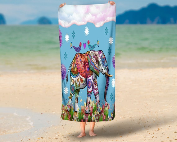 Bohemian Beach Towel Large Round Blanket with Elephant Pattern for Swimming