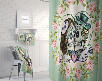 Sugar Skull Couple Shower Curtain, Green Skull Curtain, Skull Bathroom Decor, Kissing Skulls