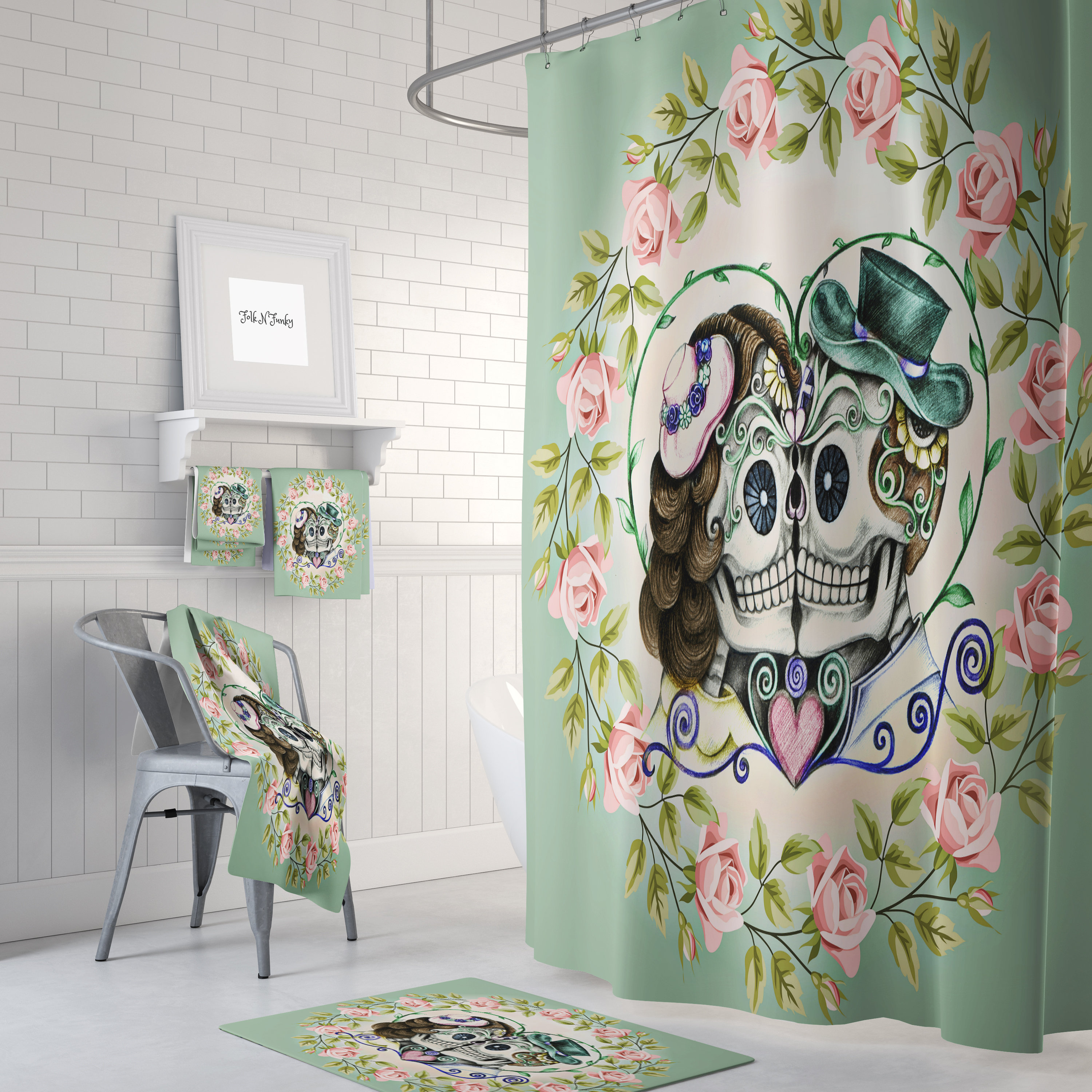 Sugar Skull Couple Shower Curtain Green Skull Curtain Skull