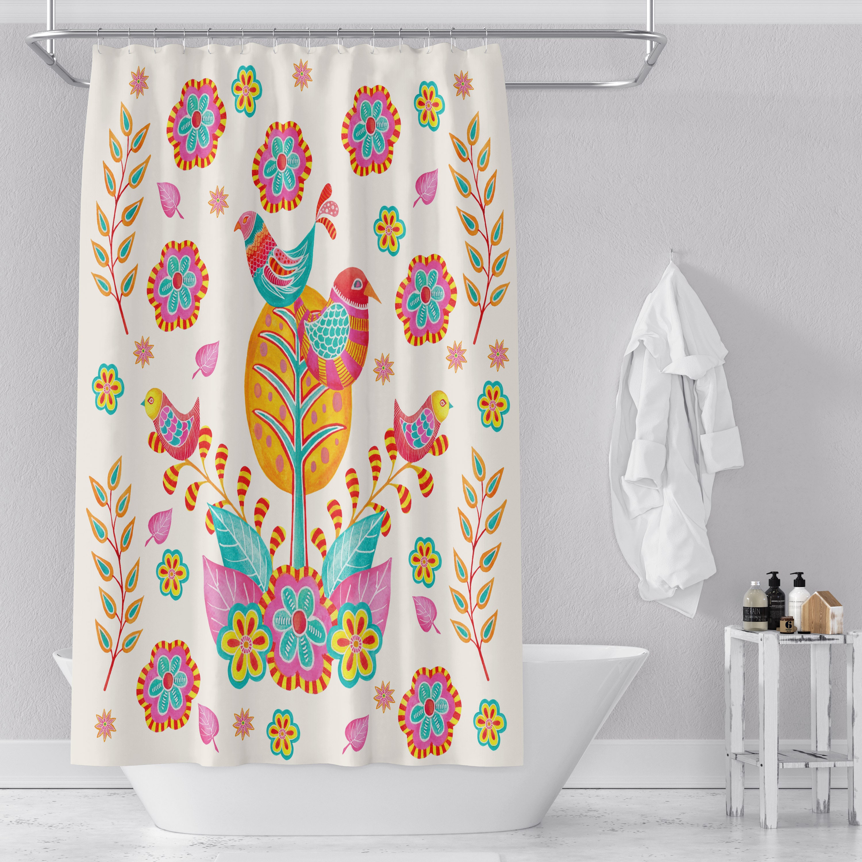 Pretty Bird Shower Curtain Colorful Folk Art Bathroom Decor Etsy