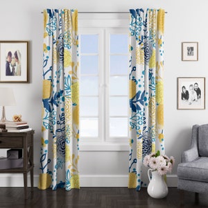 French Country Floral  Window Curtains, Window Valance, Yellow and Blue Window Treatments