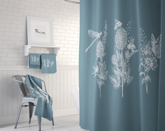 Blue Sage Botanical Shower Curtain, Bath Mat, Towel Options