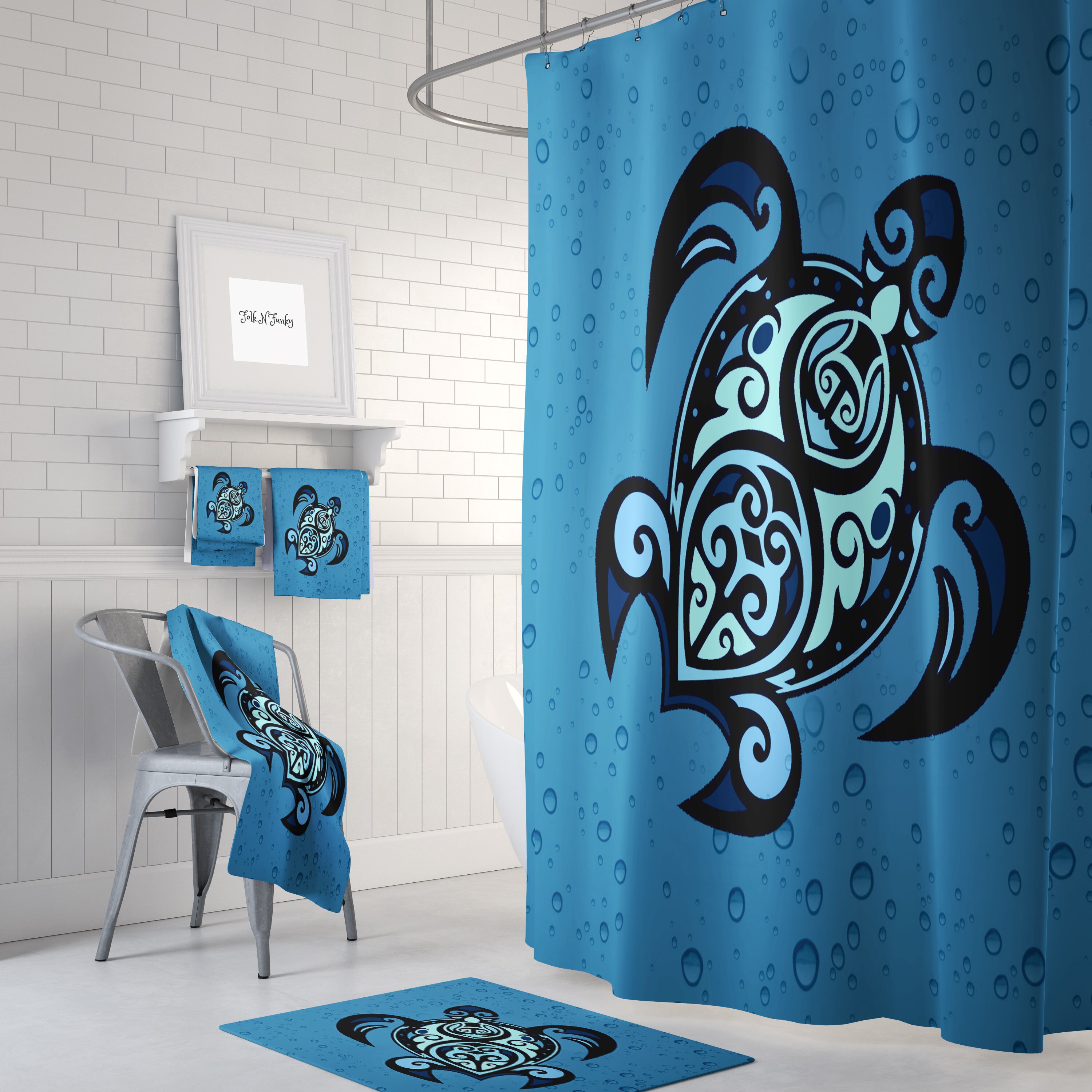 Sea Turtle Shower Curtain Blue Nautical Bathroom Decor Turtle