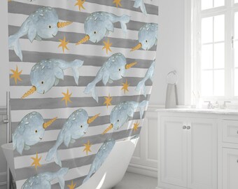 Gray Narwhal Shower Curtain, Bathroom Decor