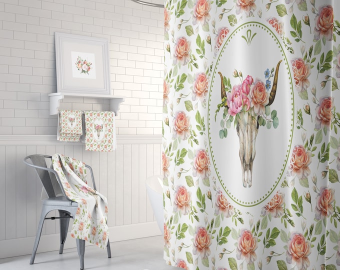 Boho Floral Shower Curtain Bull Skull  Many Variants Bath Towel Bath Mat Set Options