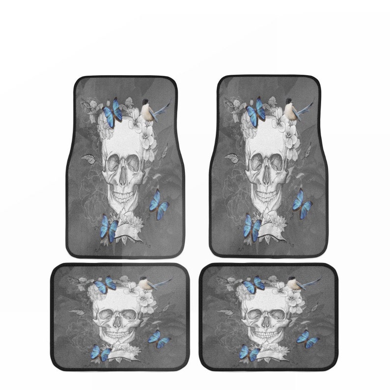 Skull Car Floor Mats Sugar Skulls Gray Floral With Birds Etsy
