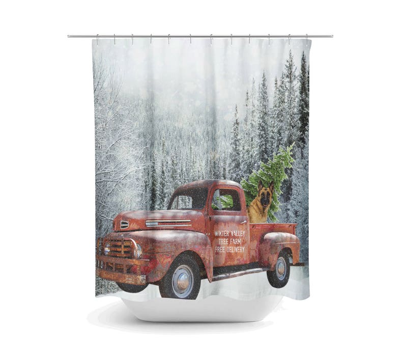 Red Truck With Christmas Tree Shower Curtain Mountains and - Etsy