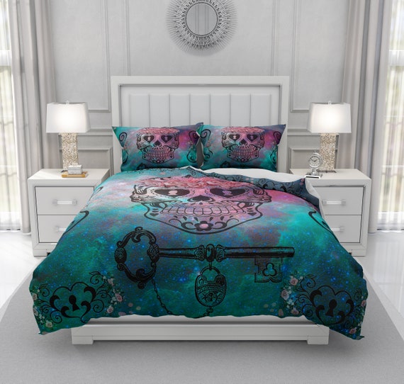 Skull Bedding Sugar Skull Comforter Duvet Cover Teal And Etsy