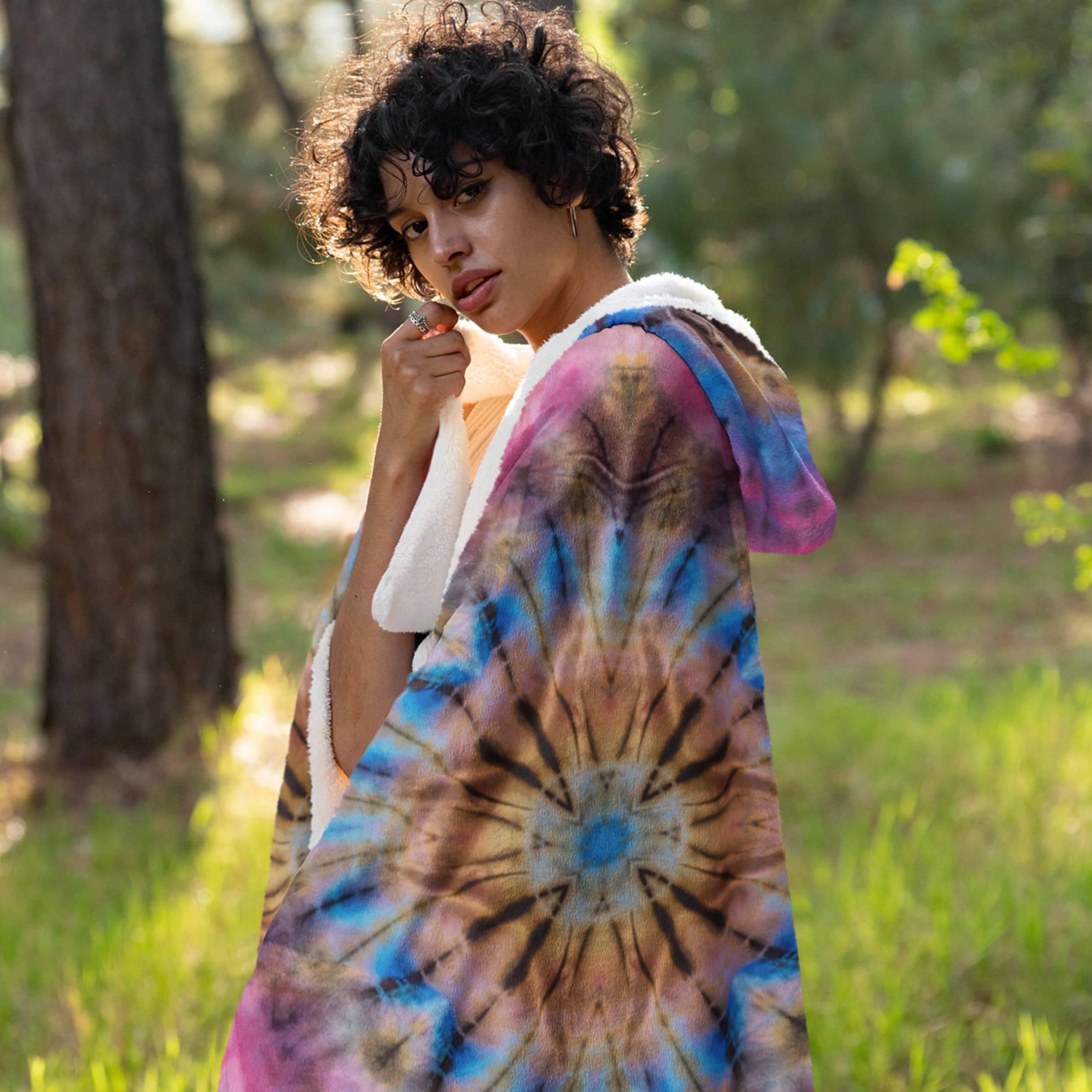 Large Hooded Sherpa Fleece Blanket Boho Tie Dye Poncho Etsy