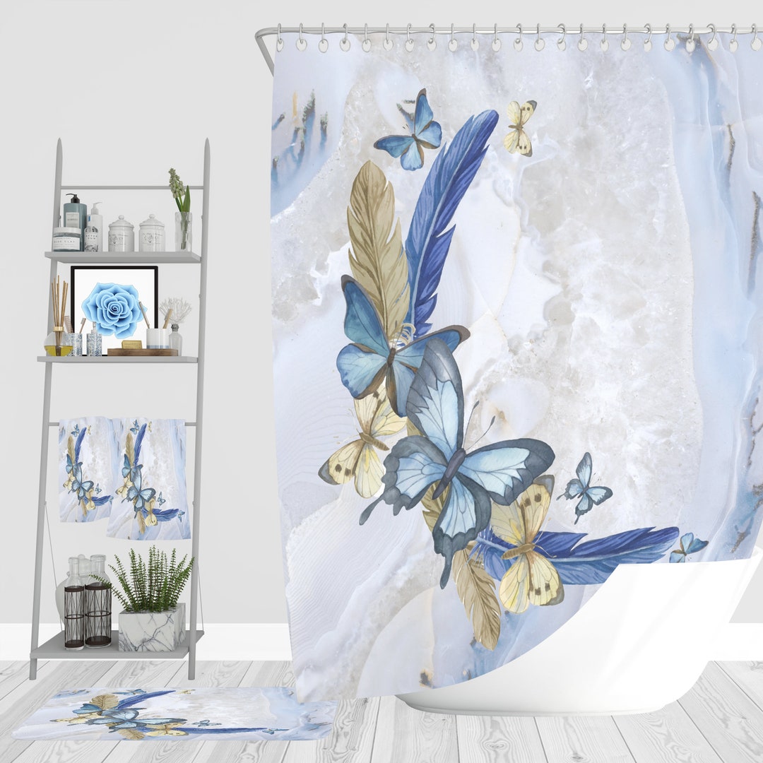 Boho Butterfly Bathroom Decor, Blue Shower Curtain, Bath Towels, Bath ...
