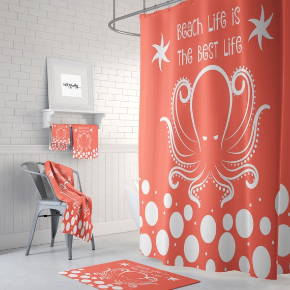 Octopus Shower Curtain, Coral, Blue, Green, Purple