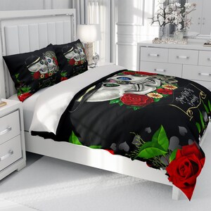 Skull Bedding, Sugar Skulls Duvet Cover Comforter Set, Black Red Rose Floral Always Kiss Me Goodnight Day Of The Dead Decor image 2