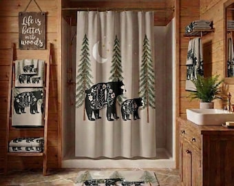 Nordic Bear Shower Curtain – Rustic Woodland Lodge Bathroom Decor