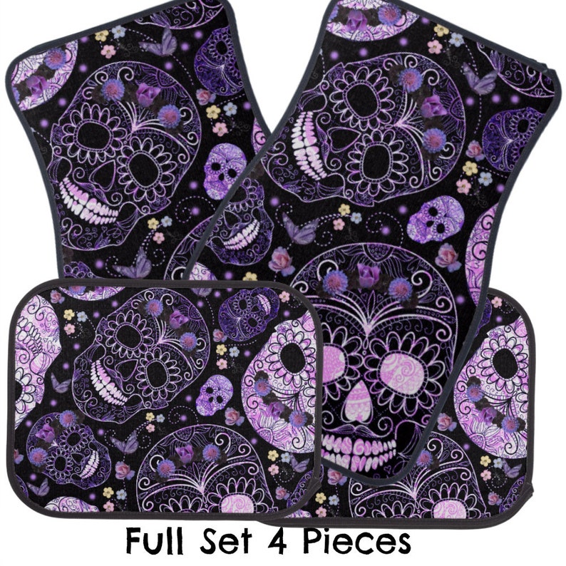 Skull Car Floor Mats Sugar Skulls Black Purple Roses Floral Etsy