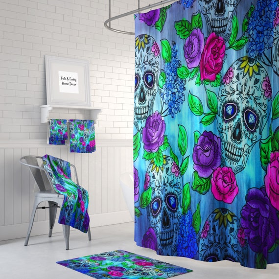 Shower Curtain, Sugar Skull Shower Curtain, Color Crazy Shower Curtains,  Bath Towels, Hand Towels Bath Mat , Extra Large Bath Mats 