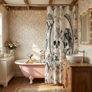 Sugar Skull Couple Shower Curtain – Gothic Bathroom Decor – Day of the Dead Bath Curtain – Dark Romance Skeleton Art – Folk N Funky image 3