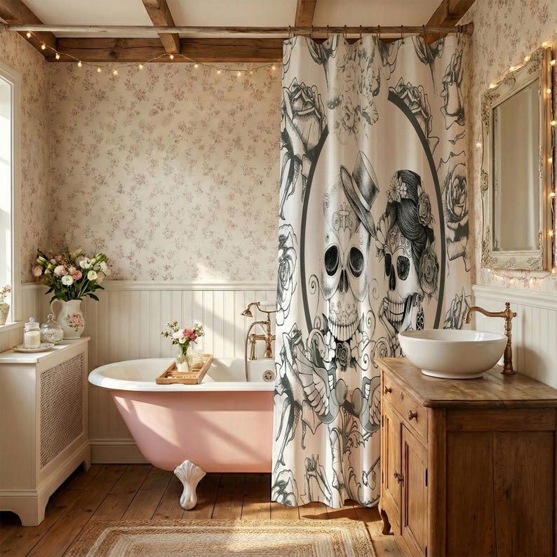 Sugar Skull Couple Shower Curtain – Gothic Bathroom Decor – Day of the Dead Bath Curtain – Dark Romance Skeleton Art – Folk N Funky image 3