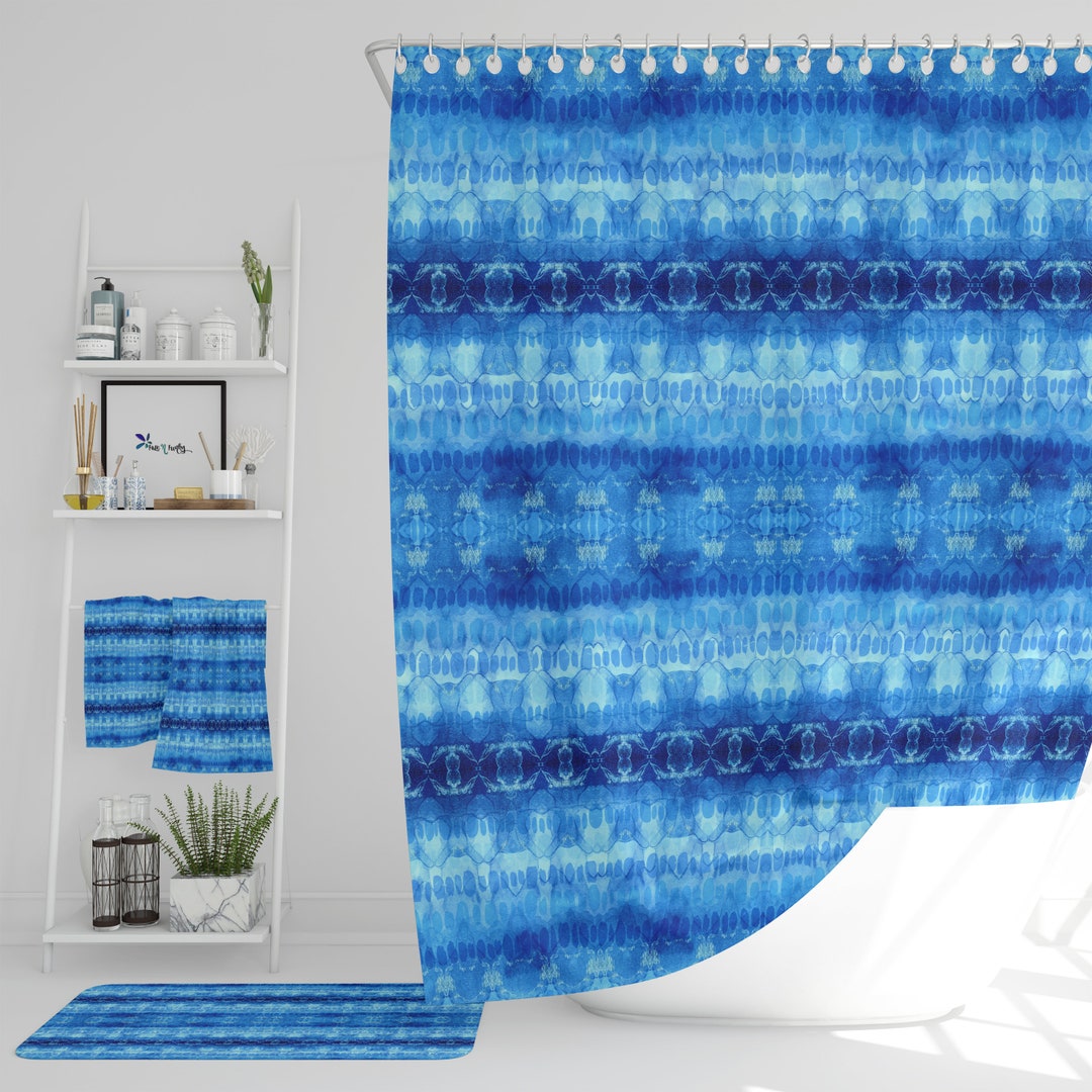 Blue Shibori Boho Shower Curtain Optional Bath Mat and Towels Etsy