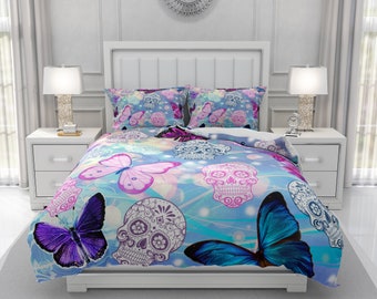 Butterflies and Sugar Skulls Comforter or Duvet Cover with Pillow Shams | Blue, Pink and Purple Bedding | Twin, Full, Queen, King Size