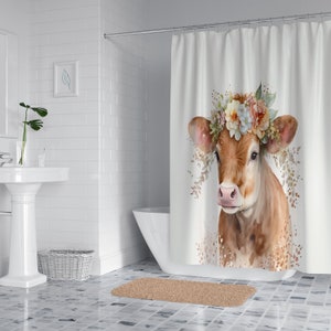 Watercolor Floral Cow Shower Curtain with Set Options
