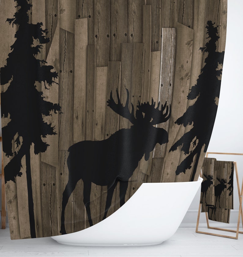 Rustic Woodland Moose Trees Faux Wood Shower Curtain Bath Etsy