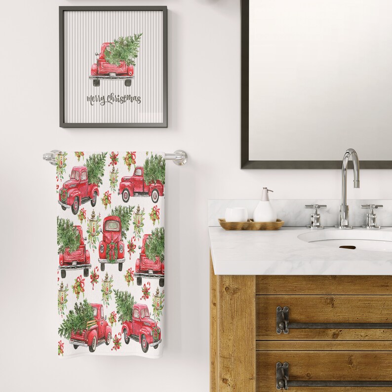 Red Truck Christmas Shower Curtain Holiday Shower Curtain Etsy