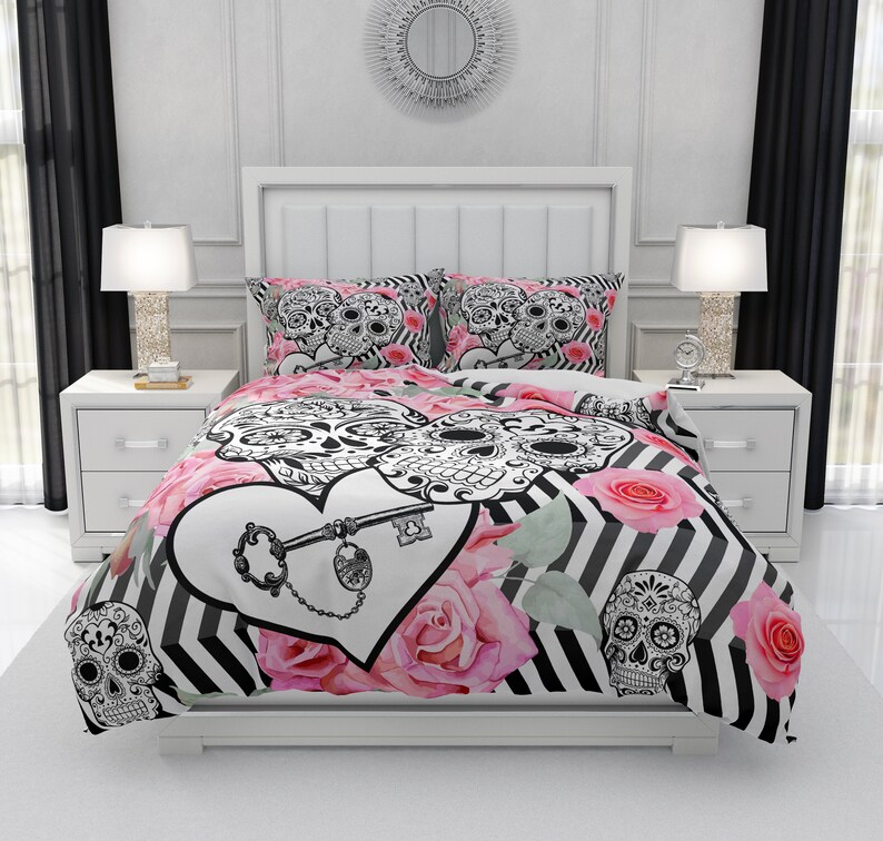 Broken Chevron Sugar Skull Comforter Or Duvet Cover With Pillow Shams Twin Size Full Queen King Bedding Pink Roses