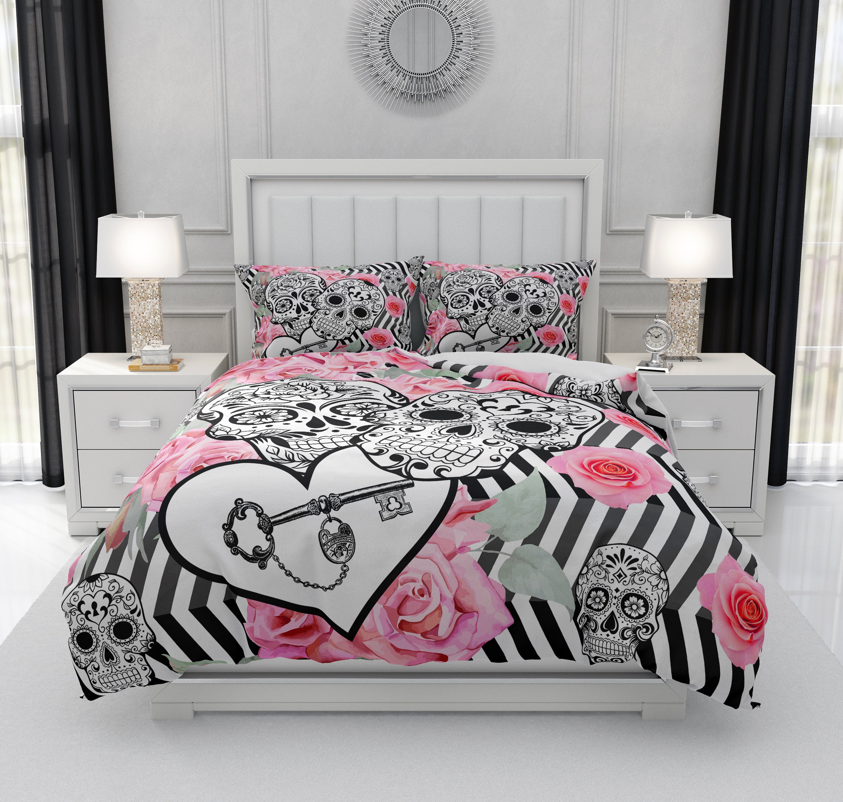 Broken Chevron Sugar Skull Comforter Or Duvet Cover With Pillow Shams Twin Size Full Size Queen Size King Size Bedding Pink Roses