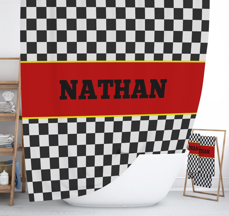 Personalized Shower Curtain Racing Checks Race Car Bathroom Etsy