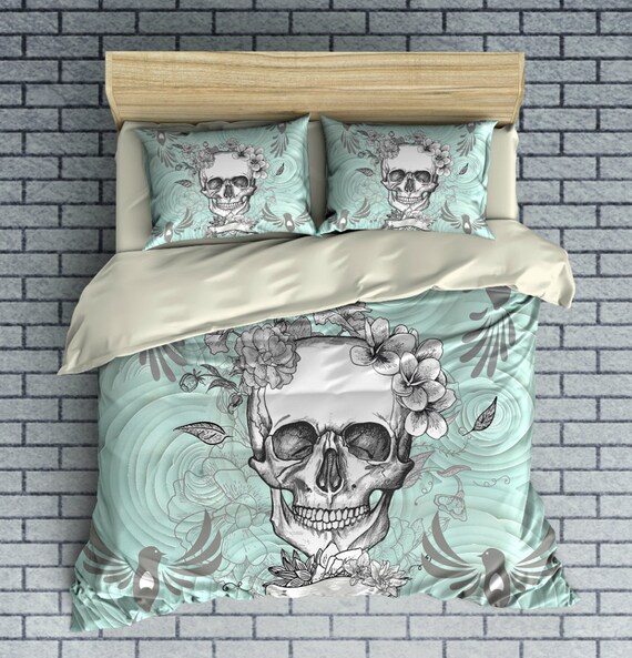 Skull Bedding Duvet Cover Set Mint Green Gray Floral Birds Etsy