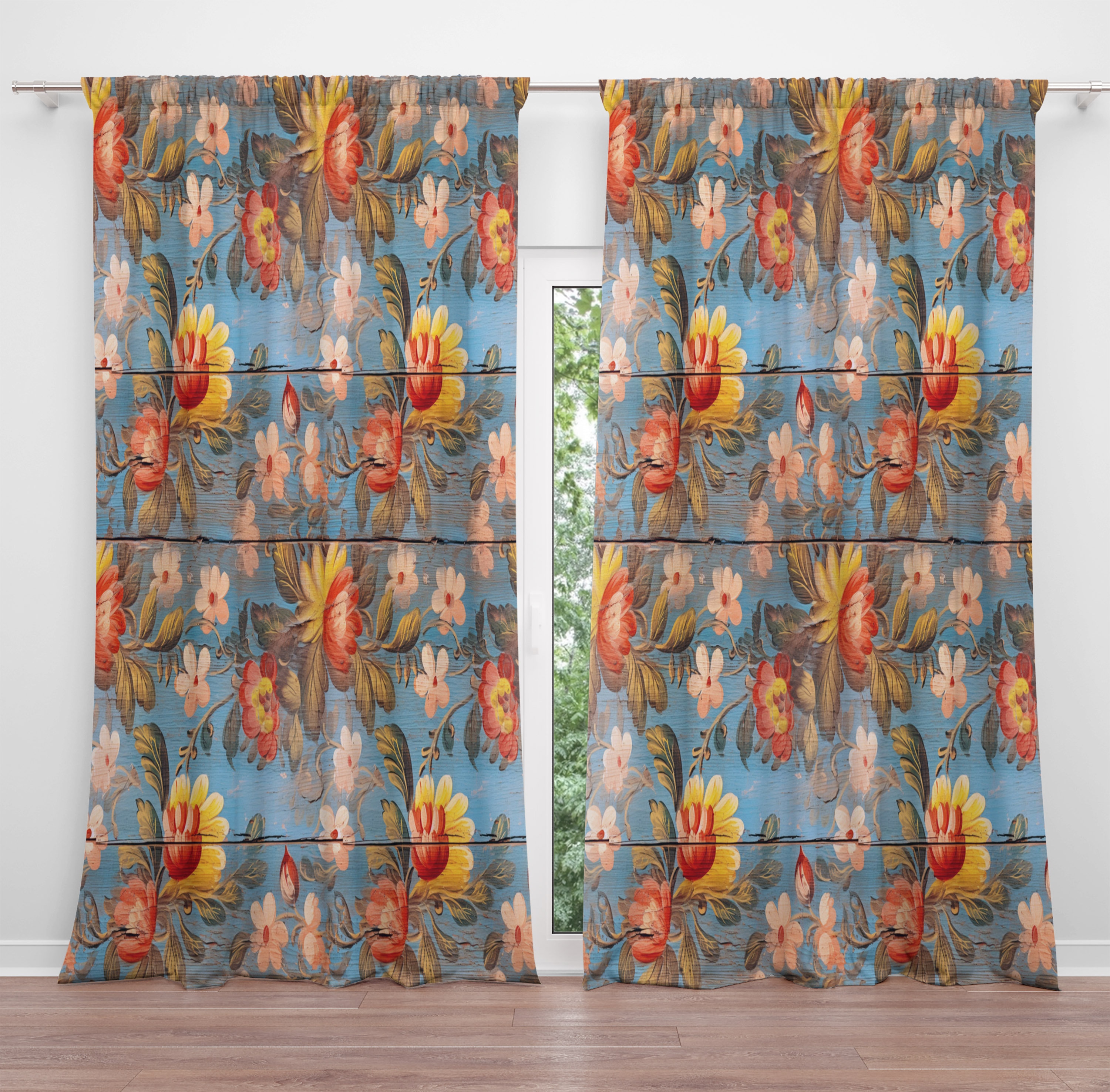Rustic Wood Painted Floral Window Curtains Amelia Garden