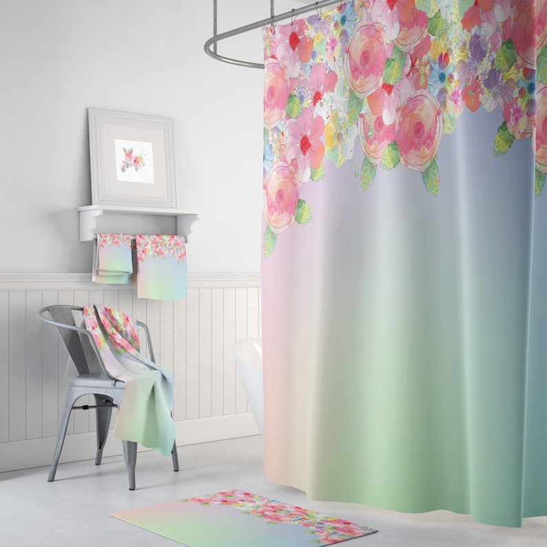 Floral Shower Curtain Gradient Pastel Bathroom Decor Etsy