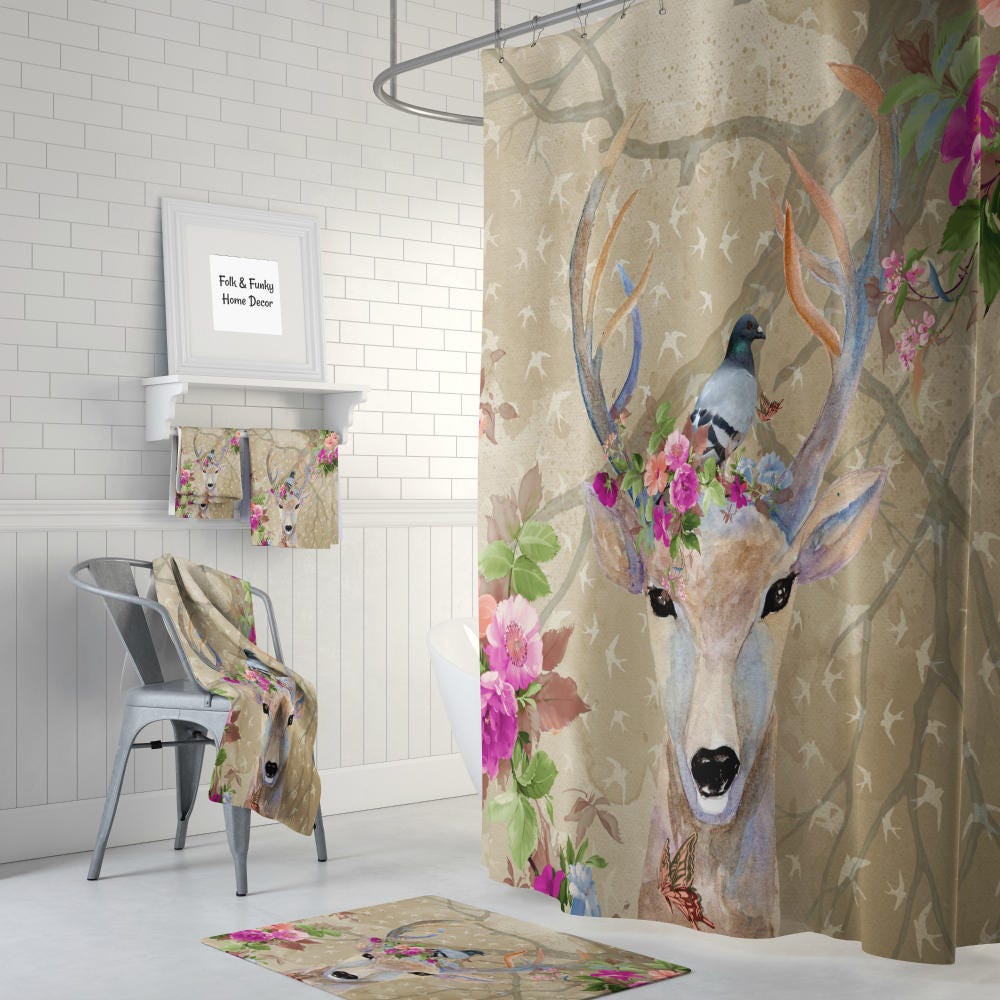 Hipster Decor Deer Shower Curtain Cool Hipster Deer Shower Curtain Personalized Shower Curtain Beige Shower Curtain Deer Bathroom Decor