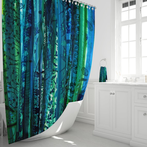 Blue Boho Shower Curtain Bathroom Decor Maximalist Blue Boho Shower Curtain Bathroom, Purple And Sage Green Shower Curtain