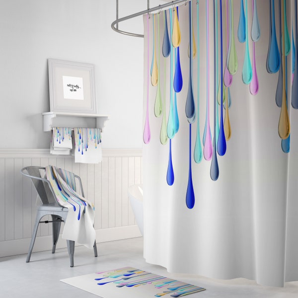 Shower Curtain, Gypsy Rain Drops, Boho Chic, Optional Bath Mat and Bath Towels