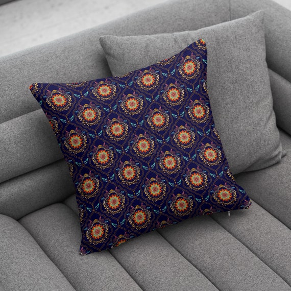 Navy Blue Yellow Floral Pattern Throw Pillow Etsy Canada