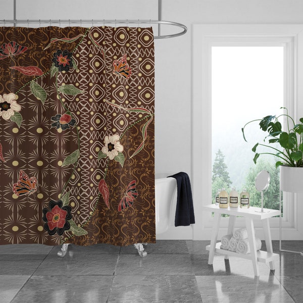 Brown Boho Floral Shower Curtain Optional Towels and Mat