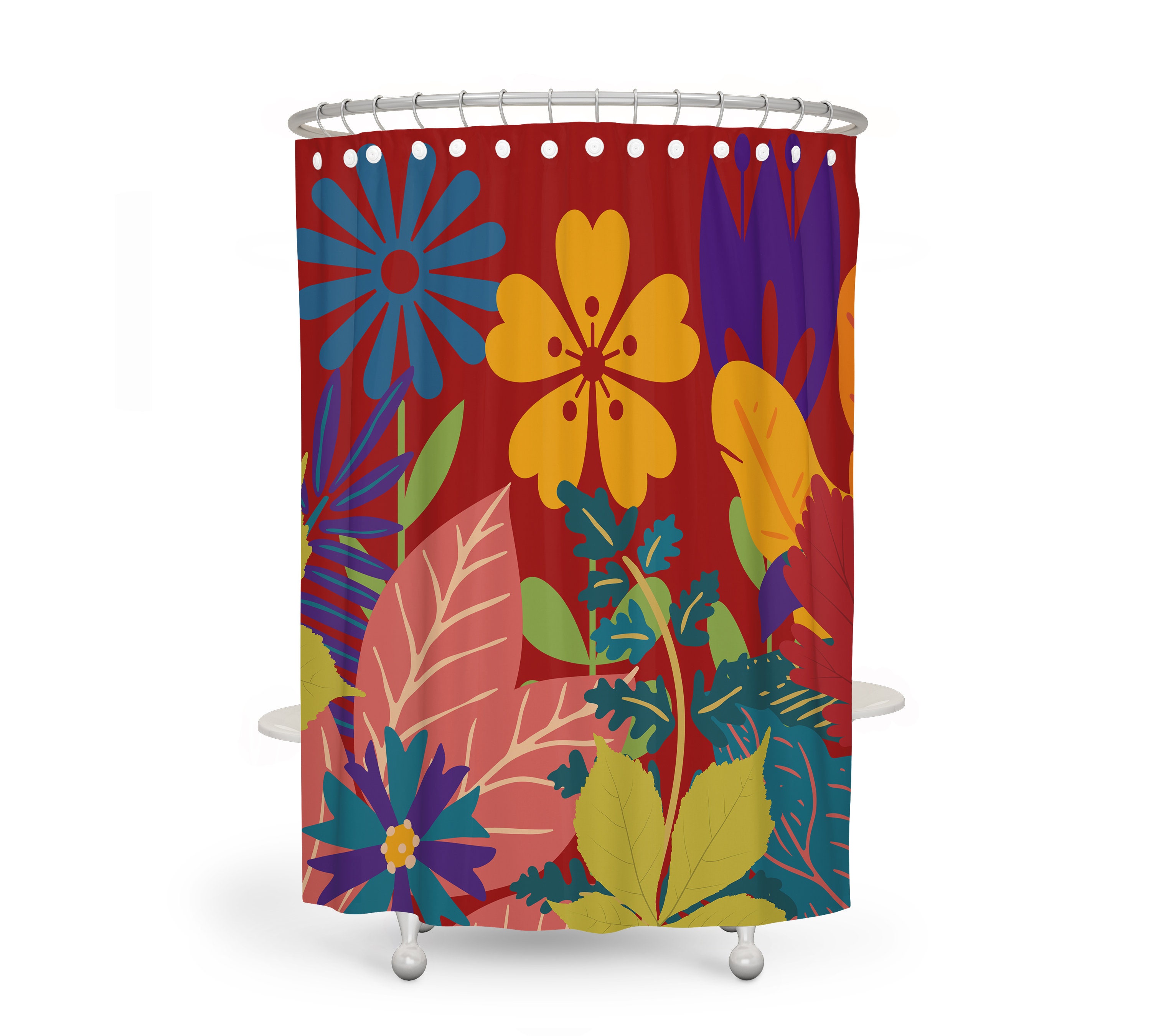 Red Floral Shower Curtain Bold Floral Maximalist Bathroom Etsy
