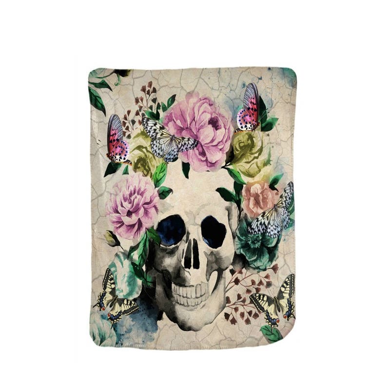 day Of The Dead Butterfly Floral Plush Fleece Sugar Skull Blanket Vintage Inspired