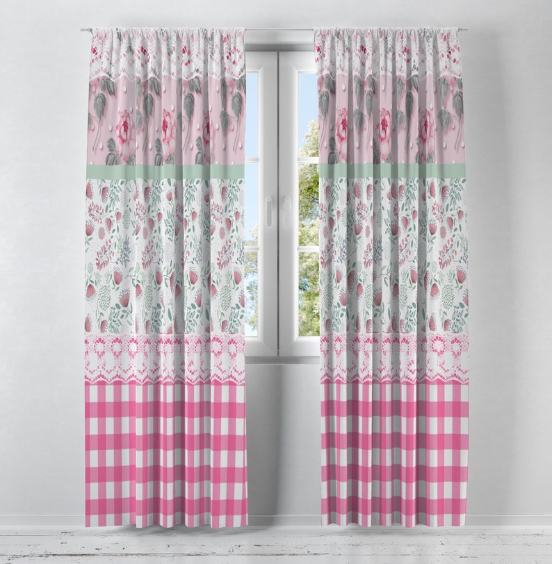 Pink Checks and Floral Shabby Cottage Chic Window Curtains